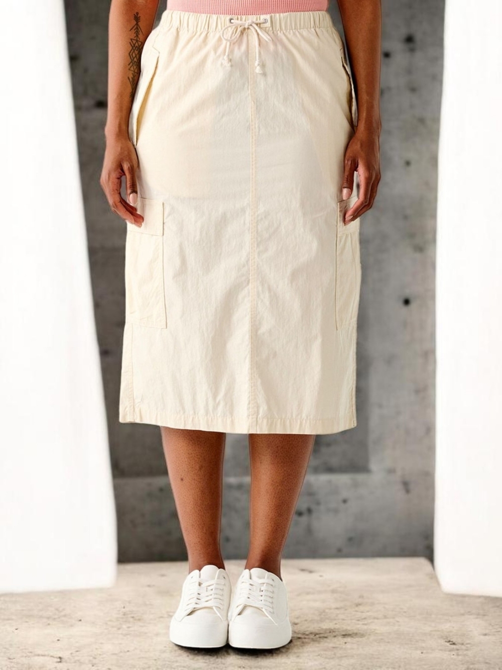 DEX NEW Plus Size 0X: Parachute Cargo Cream Drawstring Waist Midi Skirt